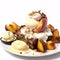 plate of ice cream and peach cobbler is isolated on a white background.