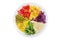 Plate of ingredients for salad : couscous, rocket salad, tomatoes, cabbage,  pepper, corn and green pea isolated on white