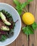 Plate of kale and quinoa with beet and avocado