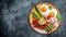 Plate with a keto diet food. Sunny side up eggs with green asparagus, bacon, ham and and cherry tomatoes. Keto breakfast. banner,