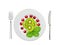 Plate with kiwi slices, cranberry and mint herb, knife and fork