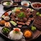 A plate of Korean BBQ with thinly sliced beef and an assortment of banchan1
