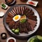 A plate of Korean BBQ with thinly sliced beef and an assortment of banchan2