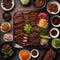 A plate of Korean BBQ with thinly sliced beef and an assortment of banchan3