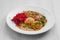 Plate with meatballs, buckwheat and beetroot salad