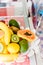 Plate of mixed exotic fruit on the kitchen table