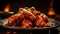 a plate of mouthwatering chicken wings, perfectly fried and coated in a delicious red sauce, AI Generated