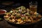 plate of nachos topped with different types of cheeses, chili and fresh garnishes