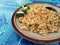 A plate of `nasi goreng ayam`, literally means `fried rice - chicken`