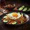Plate of nasi goreng with sunny side up egg Generative AI