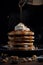 Plate of pancakes drizzled with maple syrup and topped with whipped cream, created with Generative AI technology.