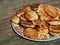 Plate with pancakes. Stack of golden pancakes