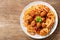 Plate of pasta with meatballs, top view