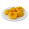 Plate of peeled and chopped peaches isolated on a white background. Canned peaches on a white plate