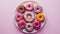 a plate piled high with bright, colorful donuts, arranged in the center against a plain light background, inviting