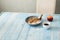 Plate porridge with yogurt, coffee and apple. Healthy breakfast
