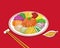 A plate of prosperity salad or Yu Sheng with sauce on red background.