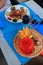 Plate of red hamburger in french restaurant