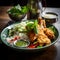 A plate of rice and fried chicken with a bowl of green curry sauce garnished with basil and chili. Generative AI.