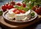 Plate with ricotta cheese with tomatoes and basil on table.Macro.AI generative