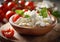 Plate with ricotta cheese with tomatoes and basil on table.Macro.AI generative