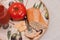 Plate with a ripe, local, freshly picked, beef steak tomatoes with a chuck of aged cheese, a section of freshly baked baguette,