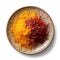 Plate with saffron threads on white background, top view