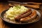 A plate of sausage and mashed potatoes