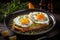 Plate showcases a hearty breakfast adorned with sunny side up fried eggs