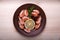 Plate with shrimp lemon and herbs
