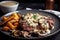 plate of sizzling steak, topped with creamy mushroom sauce and golden-brown fried potatoes