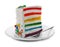 Plate with slice of delicious rainbow cake