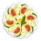 Plate with sliced avocado top view, tomato, cream cheese pieces and boiled egg. Healthy breakfast. Flat cartoon vector isolated on