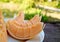 Plate of Slices of Mouthwatering Fresh Cantaloupe Melon on the Garden Wooden Table