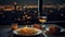 A plate of spaghetti and wine on a table with a view of a city at night in the background. Generative AI