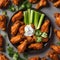 A plate of spicy buffalo chicken wings with celery and ranch dip1