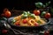 A plate of spicy homemade pasta with cherry tomatoes, basil