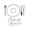 Plate, spoon, fork, knife and lettering bon appetit. hand drawn doodle style. , minimalism, monochrome, sketch. template for card