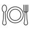 Plate, spoon and fork thin line icon. Restaurant vector illustration isolated on white. Cutlery outline style design