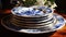 Plate stack, meal decoration, freshness gourmet craft, flower cooking pottery generated by AI