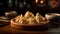 A plate of steaming dumplings on the table of Chinese restaurant. Generative AI