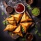 A plate of steaming hot samosas with chutney