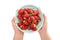 Plate with strawberries in hands isolated on a white background. Ukrainian strawberry. View from above. Close-up.