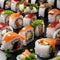 A plate of sushi rolls with soy sauce and wasabi2
