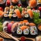 A plate of sushi rolls with a variety of fish and colorful garnishes1