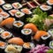 A plate of sushi rolls with a variety of fish and colorful garnishes3