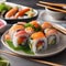 A plate of sushi rolls with a variety of fish and colorful garnishes4