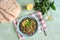 A plate of tabbouleh salad. Traditional Arabic food.