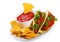 Plate with taco, tortilla chips and tomato dip