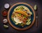 Plate of tacos filled with vegetables and meat. Generative AI